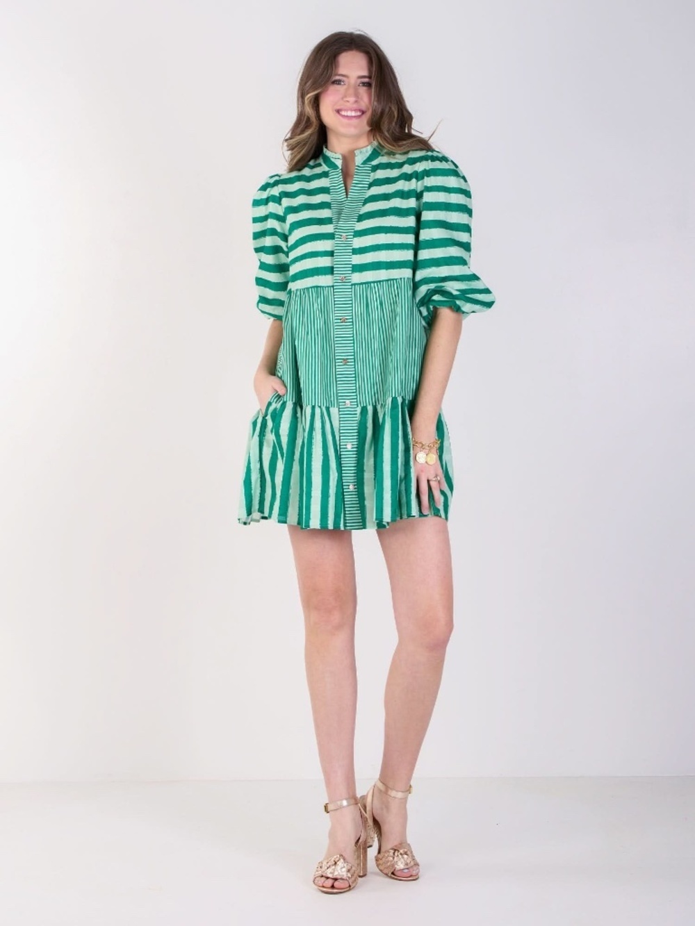 Emily McCarthy Sadie Dress in Mist Green Stripe Size Medium SOLDOUT